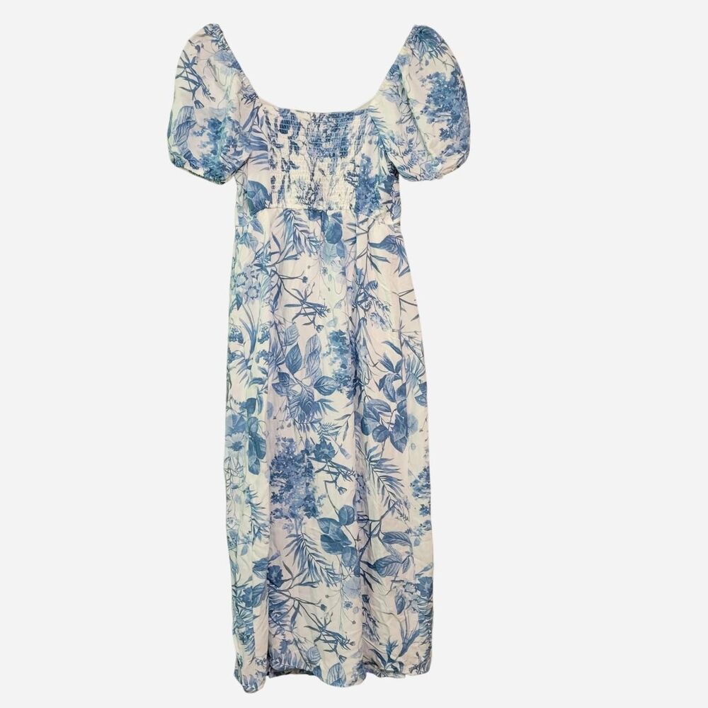 Sweet Wanderer Blue Floral Puff Sleeve Midi Dress Cottagecore Coquette Resort